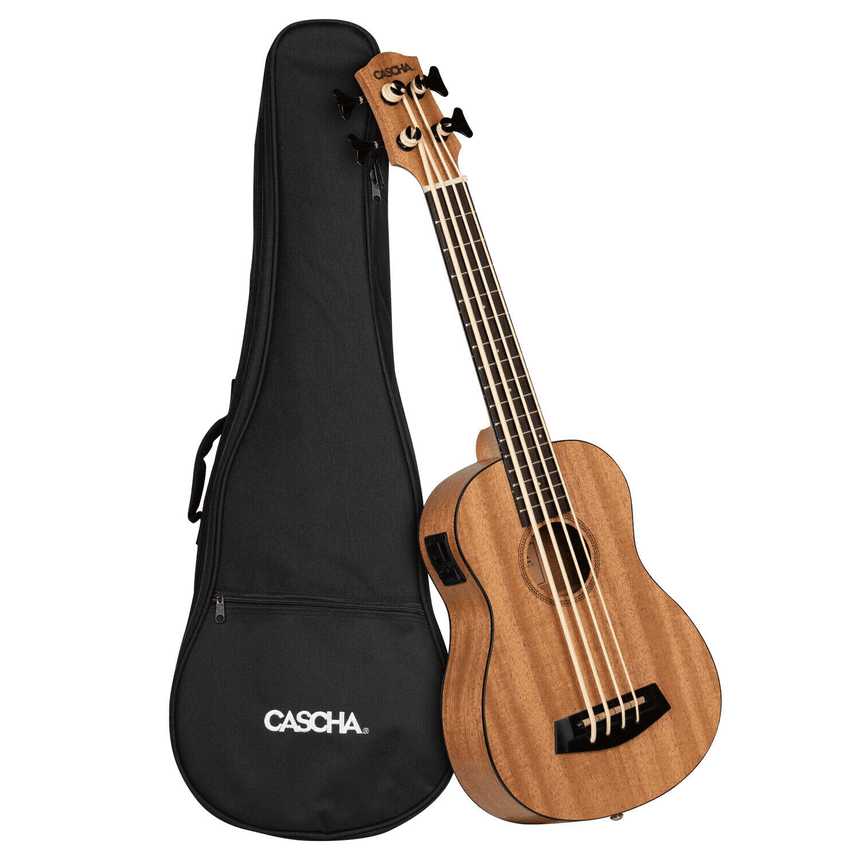 CASCHA Bass Ukulele aus Mahagoni I Bass Ukulele mit Tasche Stimmgerät Tonabnehmersystem HH2175 - Musik-Ebert Gmbh